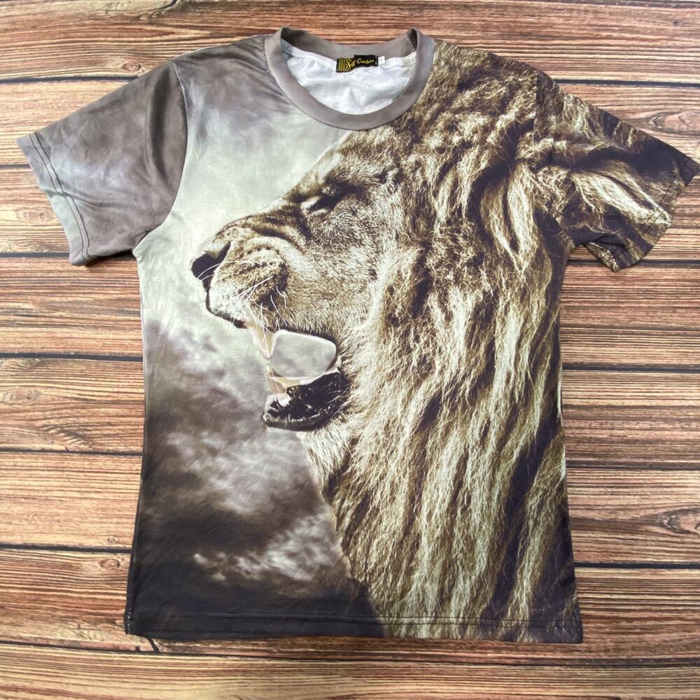 Mix Couture Brown Lion Face T Shirt All Over Print Women’s Medium Hunting
